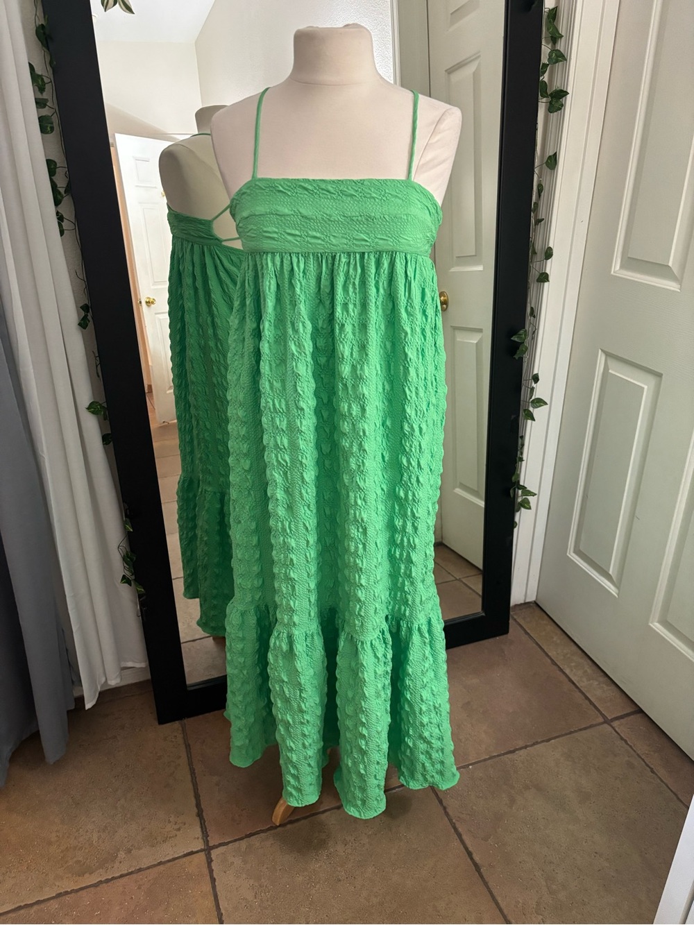 Zara Bright Green Textured Spaghetti Strap Dress